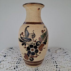 Signed Mexican Tonala Bird Folk Art Stoneware Vase 9" Tall